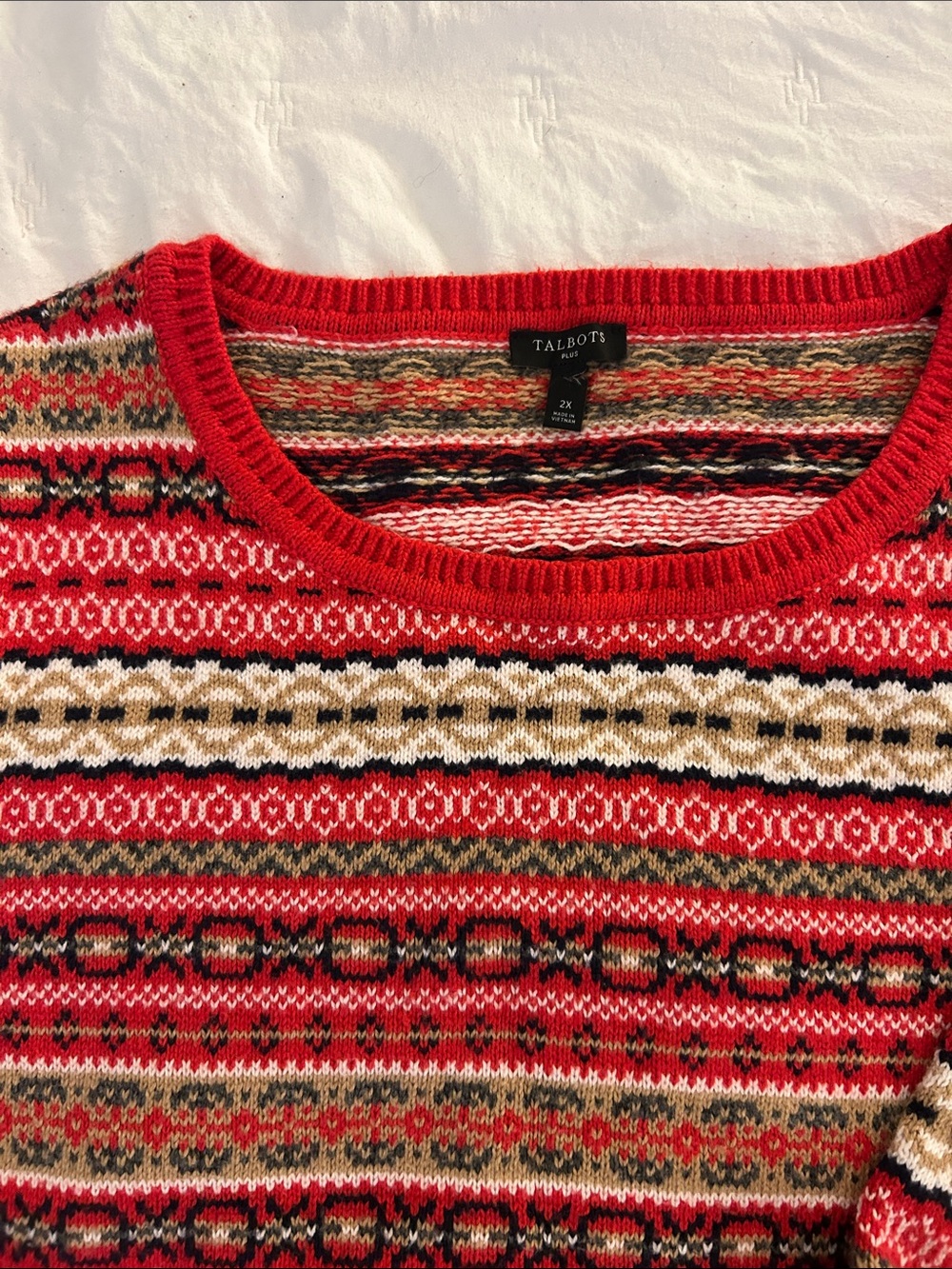 Talbots Red Fair Isle Crewneck Sweater with Green and Tan Accents